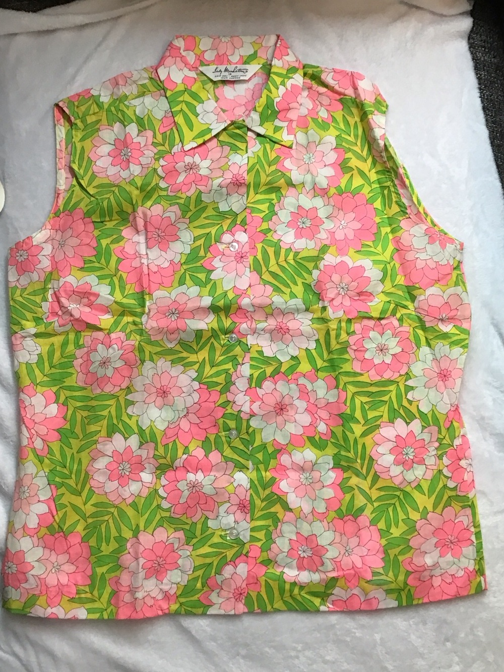 Sleeveless Floral Button-Front Blouse in Pink & Green by Lady Manhattan 2163
